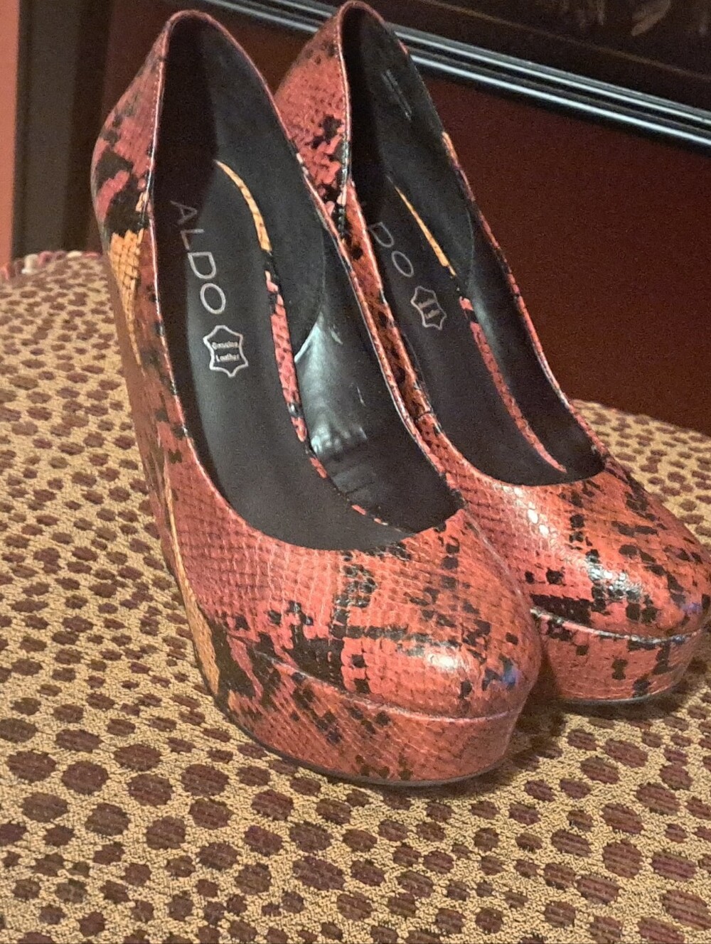 Aldo Red Orange Snake-Print Platform Pumps
